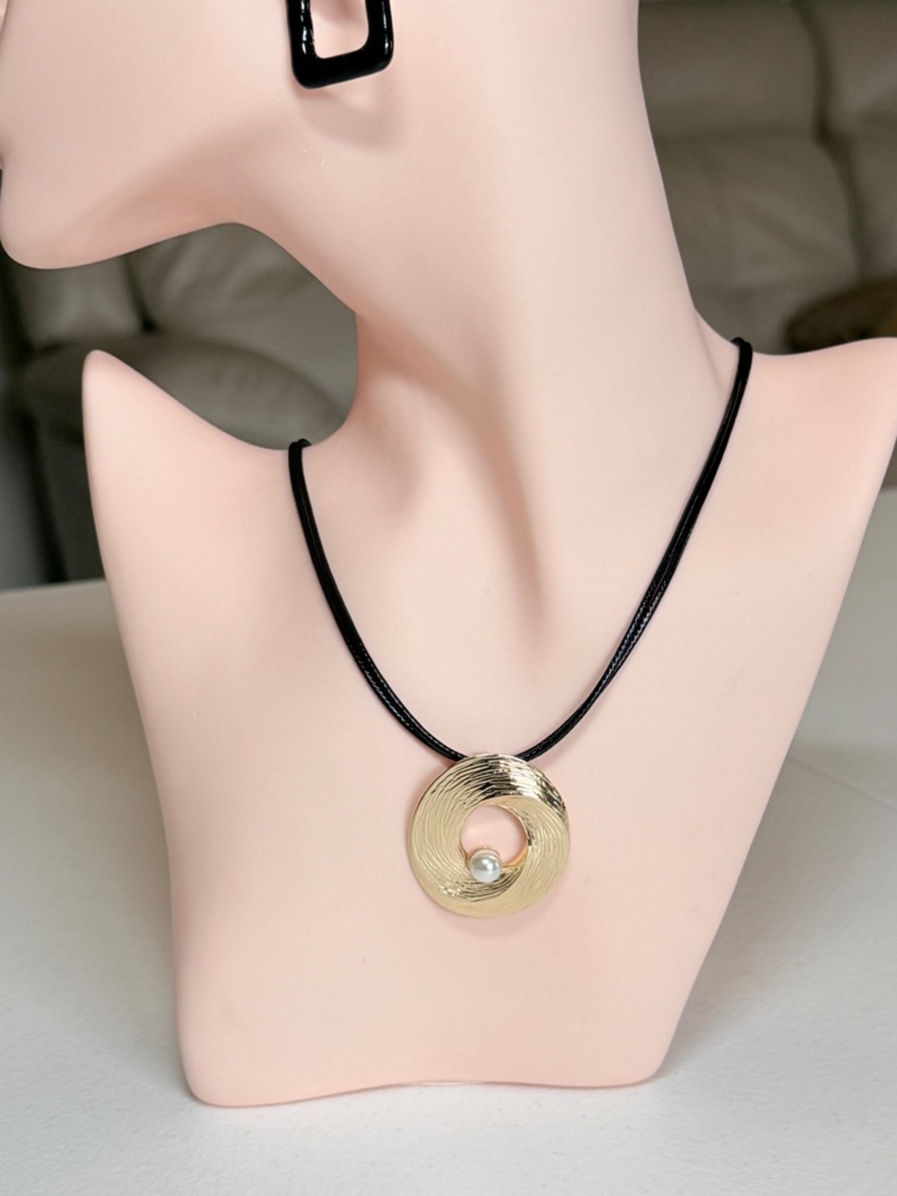 Gold Circular Pendant Necklace with Pearl on Black Cord - Picture 5 of 10